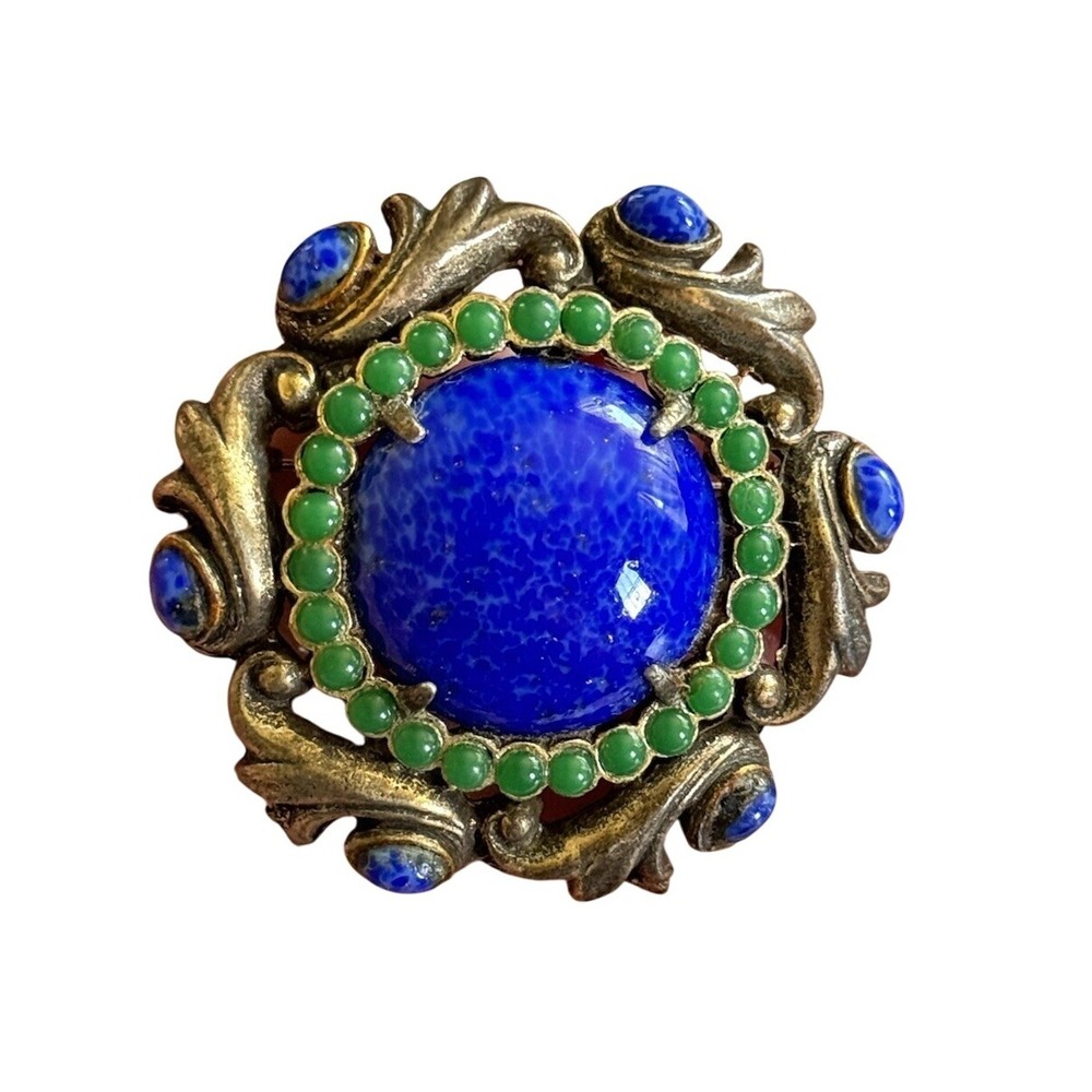 Judith Green‎ Signed Regal pin Brooch VTG Blue Green Glass Mogul Cabochon Round